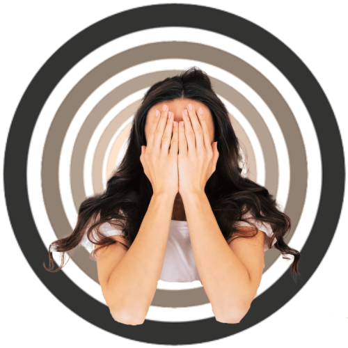 Woman’s upper body with hands covering her eyes, indicating sleep deprivation, over neutral concentric circles