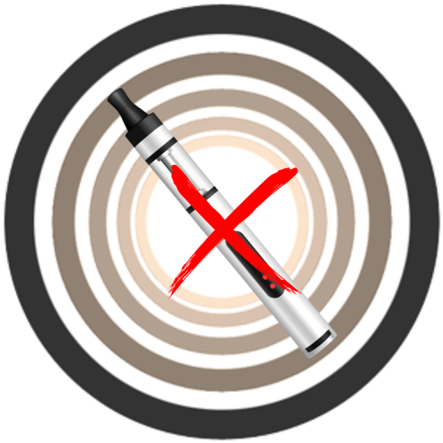 Vape device with a red circle and line through it, indicating no vaping, over neutral concentric circles