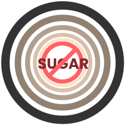 The word ‘sugar’ with a red circle and line through it, indicating no sugar consumption, over neutral concentric circles